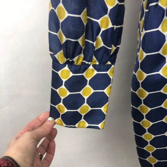 Brooks Brothers Silk Navy and Gold Geometric Dress - Picture 3 of 16